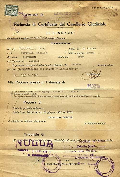Certificat de casier judiciaire délivré à Rosa Cavicchiolo par le maire de Padoue, Italie, 1952. Musée canadien de l’immigration du Quai 21 (DI2013.1774.1).