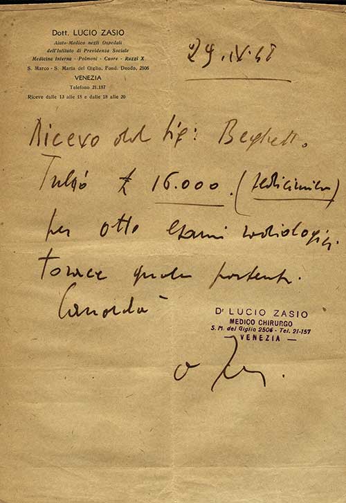 Reçu medical délivré à Tulio Beghetto, 1948. Musée canadien de l’immigration du Quai 21 (R2013.1774.10).
