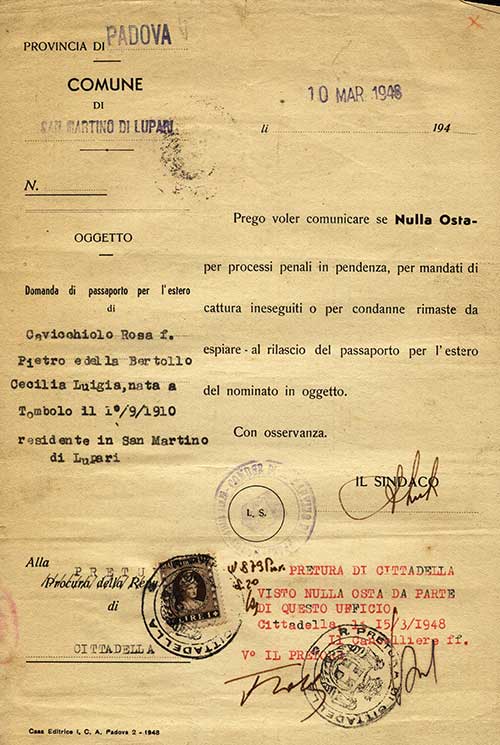 Formulaire de demande de passeport de Rosa F. Cavicchiolo, 1948. Musée canadien de l’immigration du Quai 21 (R2013.1774.12).