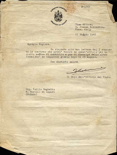 Lettre de correspondance médicale, 1948. Musée canadien de l’immigration du Quai 21 (R2013.1774.13).