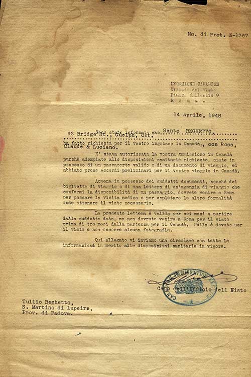 Lettre d’admission au Canada délivrée à Santo Beghetto, 1948. Musée canadien de l’immigration du Quai 21 (DI2013.1774.14).