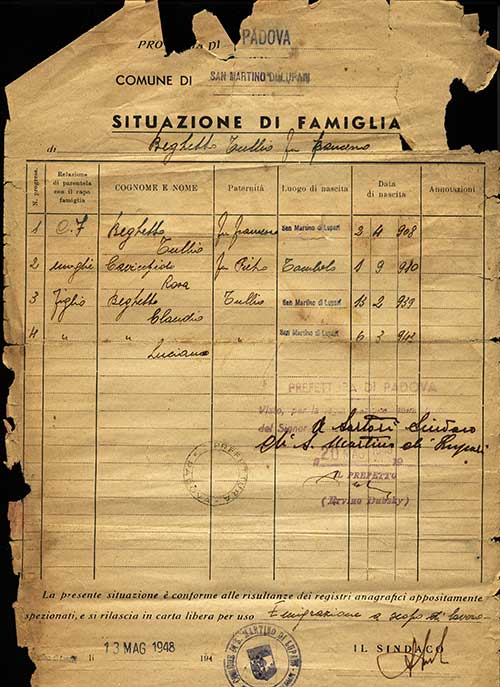 Livret de famille des Beghetto de Padoue, Italie, 1948. Musée canadien de l’immigration du Quai 21 (R2013.1774.16).