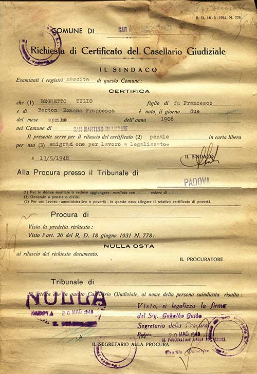 Certificat de casier judiciaire délivré à Tulio Beghetto par le maire de Padoue, Italie, 1948. Musée canadien de l’immigration du Quai 21 (DI2013.1774.3).