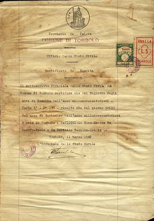 Certificat de naissance délivré à Rosa-Mattea Cavichiolo, 1948. Musée canadien de l’immigration du Quai 21 (DI2013.1774.5).