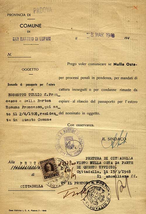 Formulaire de demande de passeport de Tullio Beghetto, 1948. Musée canadien de l’immigration du Quai 21 (R2013.1774.7).
