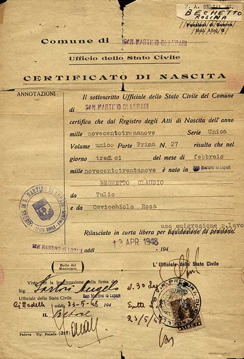 Certificat de naissance délivré à Claudio Beghetto, 1948. Musée canadien de l’immigration du Quai 21 (DI2013.1774.8).