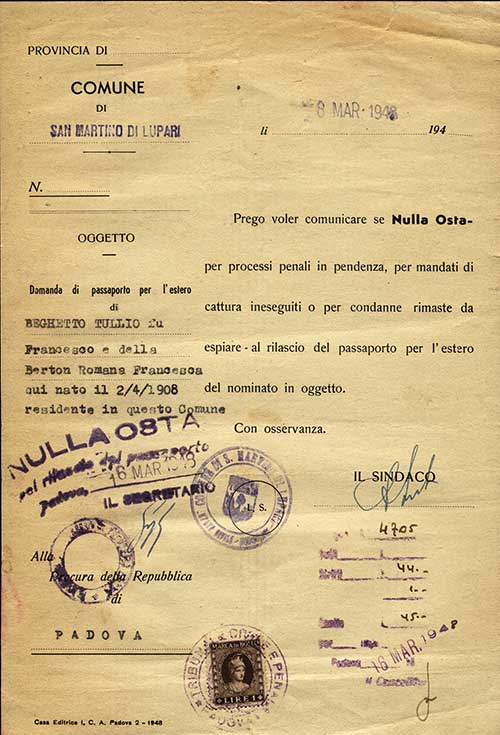 Formulaire de demande de passeport de Tullio Beghetto, 1948. Musée canadien de l’immigration du Quai 21 (R2013.1774.9).