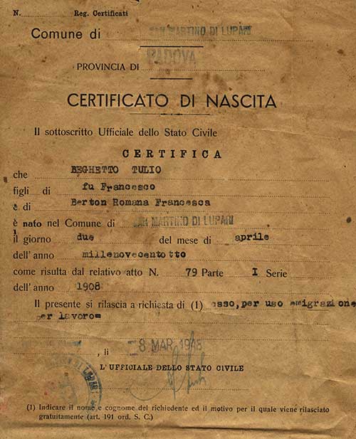 Certificat de naissance délivré à Tulio Beghetto,  1948. Musée canadien de l’immigration du Quai 21 (DI2013.1774.23).