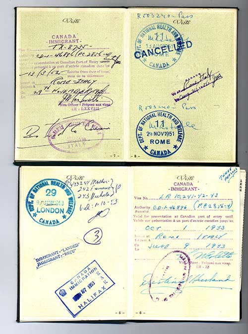 Passeport délivré à Maddalena De Michino à De Carlo. Musée canadien de l’immigration du Quai 21 (DI2013.1786.1b).