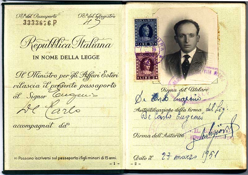 Passeport délivré à Maddalena De Michino à De Carlo. Musée canadien de l’immigration du Quai 21 (DI2013.1786.1c).