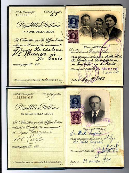 Passeport délivré à Eugenis De Carlo, 1953. Musée canadien de l’immigration du Quai 21 (DI2013.1786.1d).