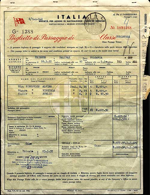Reçu de billet délivré aux passagers Alviro, Virginia et Anelio Sincovich par l’Italia Line, 1957. Musée canadien de l’immigration du Quai 21 (DI2013.1822.3).