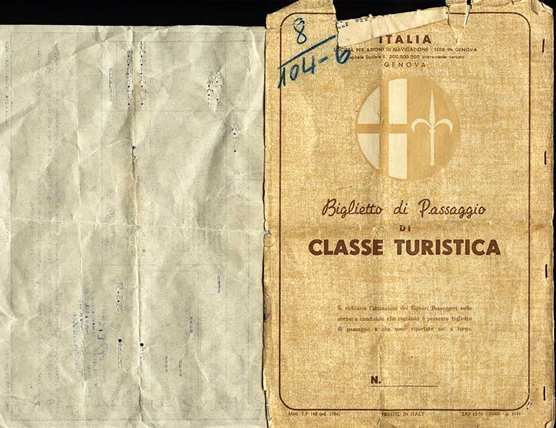 Billet de passager délivré par l’Italia Line, 1956. Musée canadien de l’immigration du Quai 21 (DI2013.1822.2).