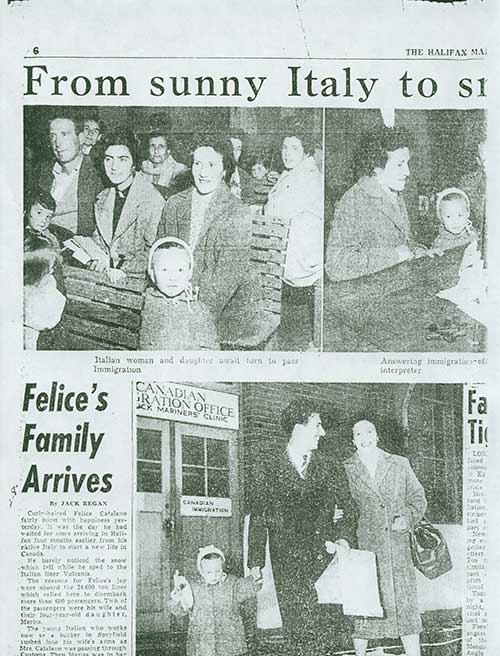 Coupure de journal avec un article sur l’arrivée à Halifax de la famille Catalano, vers 1959. Musée canadien de l’immigration du Quai 21 (DI2013.1829.2).