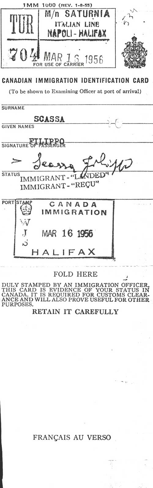 Carte d’identité d’immigration canadienne délivrée à Filippo Scassa, 1956. Musée canadien de l’immigration du Quai 21 (DI2013.1814.3).