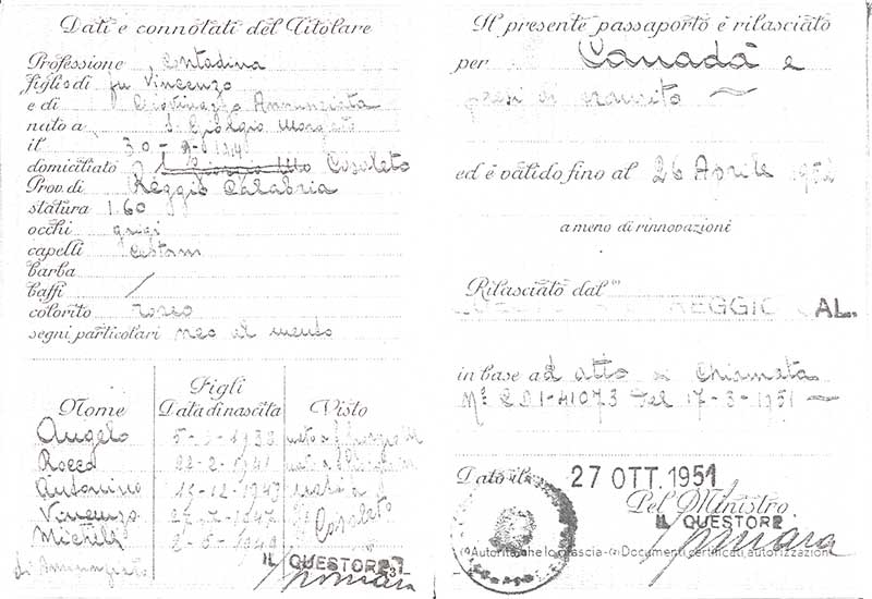 Passeport délivré à Maria Furfaro, 1951. Musée canadien de l’immigration du Quai 21 (DI2013.1797.1b).