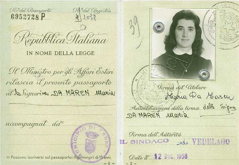 Passeport délivré à Maria Da Maren, 1958. Musée canadien de l’immigration du Quai 21 (DI2013.1785.1a).