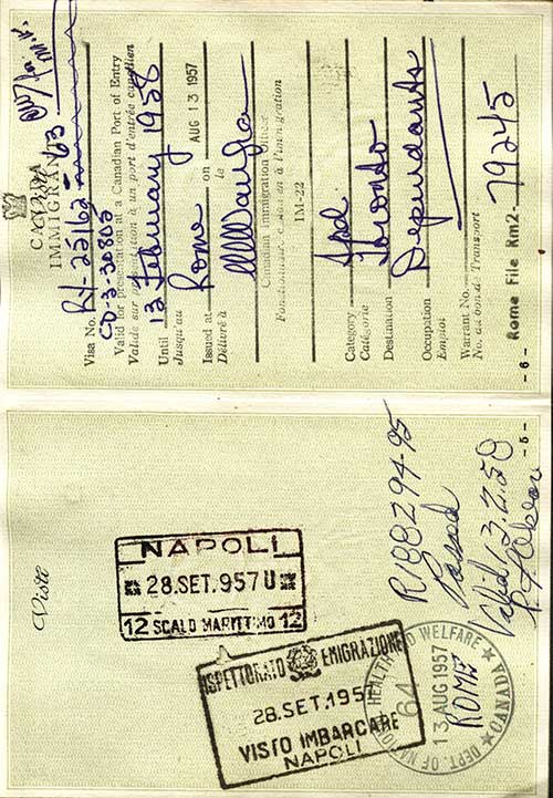 Passeport délivré à Graziella Canzian, 1957. Musée canadien de l’immigration du Quai 21 (DI2013.1781.1b).