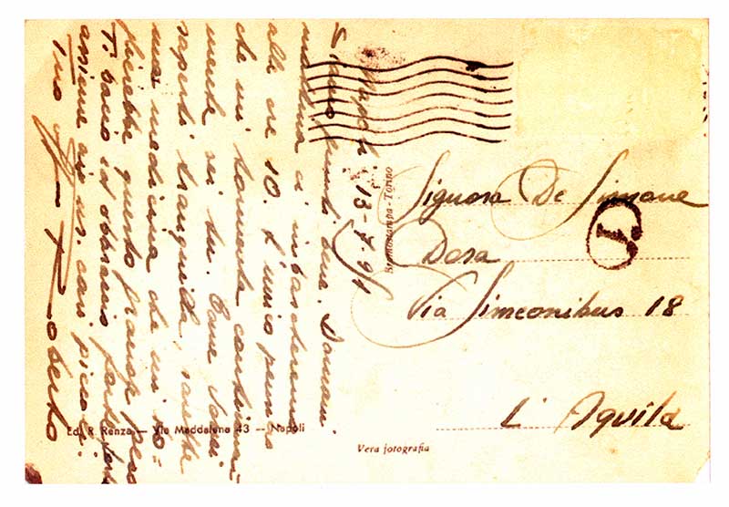 Carte postale envoyeé par Donato Di Simone à sa femme Imperia. Musée canadien de l’immigration du Quai 21 (DI2013.1787.1a).