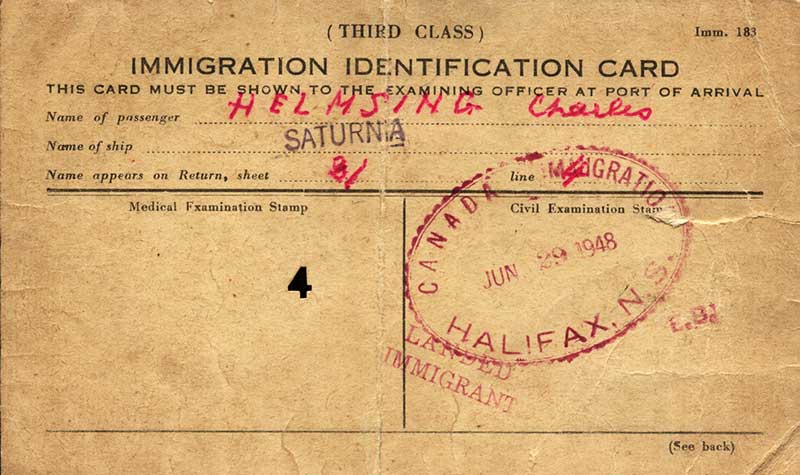 Carte d’identité d’immigration canadienne délivrée à Charles Hemsing, 1948. Musée canadien de l’immigration du Quai 21 (DI2013.1811.1).