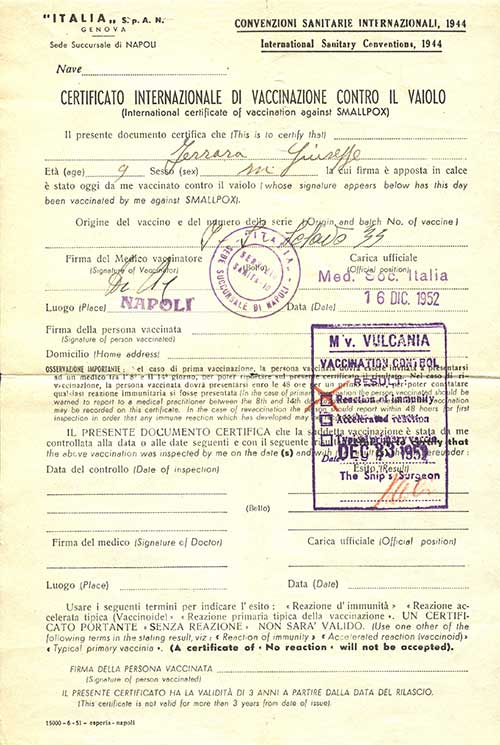 Certificat de vaccination délivré à Giuseppe Ferrara, 1952. Musée canadien de l’immigration du Quai 21 (DI2013.1792.2).