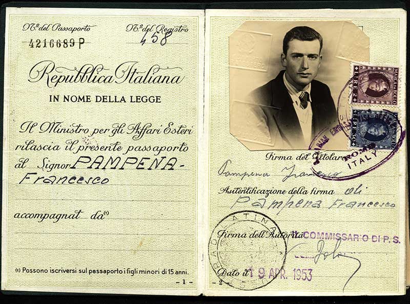 Passeport délivré à Francesco Pampena, 1953. Musée canadien de l’immigration du Quai 21 (DI2013.1906.2b).