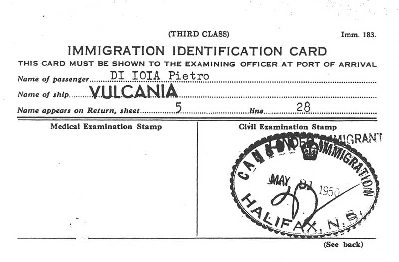 Carte d’identité d’immigration canadienne délivrée à Pietro Di Ioia, 1950. Musée canadien de l’immigration du Quai 21 (DI2013.1789.4).