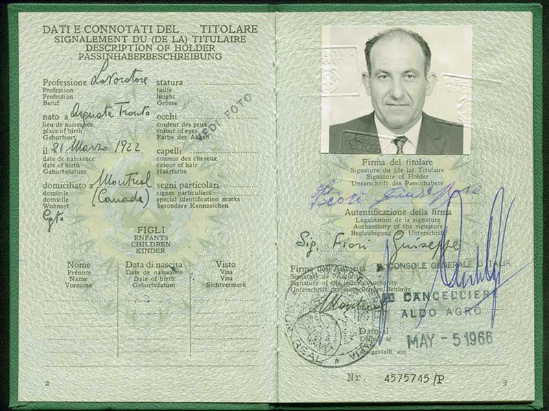 Passeport délivré à Fiori Giuseppe, 1966. Musée canadien de l’immigration du Quai 21 (DI2013.1794.5).