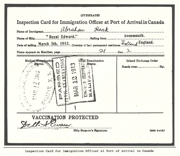 Carte d’inspection d’un agent d’immigration, en 1913. Musée canadien de l’immigration du Quai 21 (DI2013.1538.4).