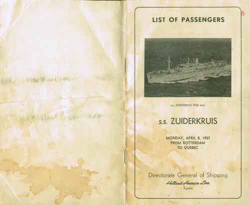 Liste de passagers du S.S. Zuiderkruis, en 1957. Musée canadien de l’immigration du Quai 21 (DI2013.1543.1a).