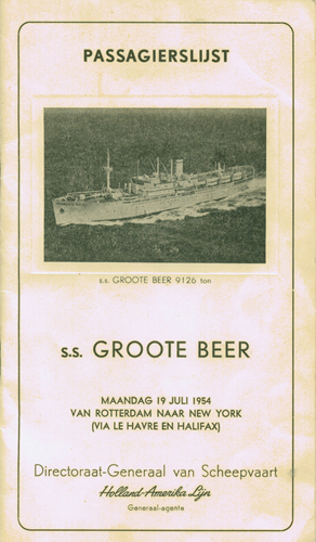 Liste de passagers du S.S. Groote Beer, en 1954. Musée canadien de l’immigration du Quai 21 (DI2013.1828.3).