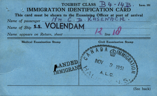 Pièce d’identité d’immigration délivrée à Casper Hasenack, en 1951. Musée canadien de l’immigration du Quai 21 (DI2013.1681.5).