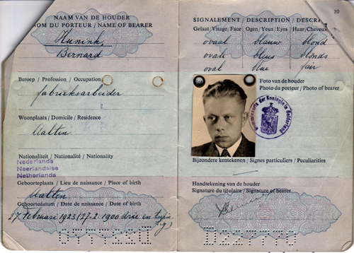 Passeport délivré à Bernard Hunink. Musée canadien de l’immigration du Quai 21 (DI2013.1672.2b).