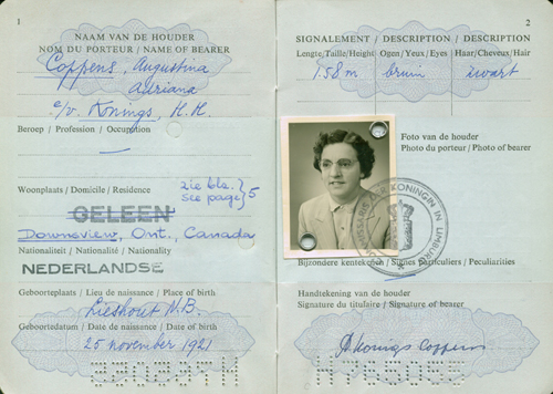Passeport délivré à Augustina Adriana Koning. Musée canadien de l’immigration du Quai 21 (DI2013.1683.6g).