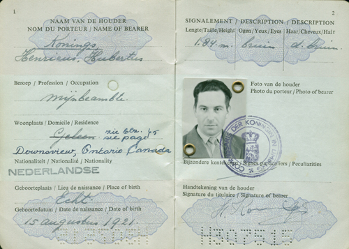 Passeport délivré à Henrdricus  Hubertus Koning. Musée canadien de l’immigration du Quai 21 (DI2013.1683.6a).