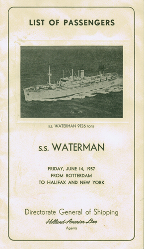 Liste de passagers du S.S. Waterman, en 1957. Musée canadien de l’immigration du Quai 21 (DI2013.1683.7a).