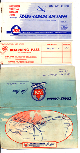 Carte d’embarquement et brochure de la compagnie aérienne Trans-Canada Air Lines, vers 1955. Musée canadien de l’immigration du Quai 21 (DI2013.1832.5).