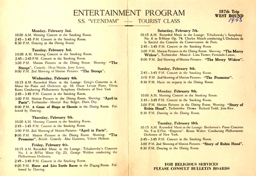 Pages intérieures du programme de divertissement du S.S. Veendam, de la <em>Holland-America Line</em>, en 1953. Musée canadien de l’immigration du Quai 21 (DI2013.1832.1b).