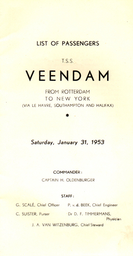 Liste de passagers du S.S. Veendam, en 1953. Musée canadien de l’immigration du Quai 21 (DI2013.1832.6).