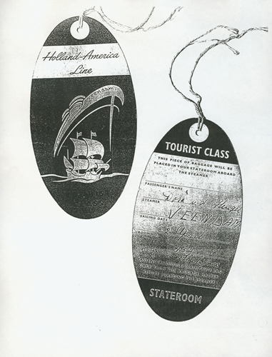 Étiquette de bagage d’Antonette Lane, sur le S.S. Veendam. Musée canadien de l’immigration du Quai 21 (DI2013.1674.3).