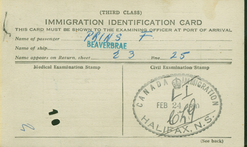 Pièce d’identité d’immigration délivrée à Feike, en 1950. Musée canadien de l’immigration du Quai 21 (DI2013.1560.1).