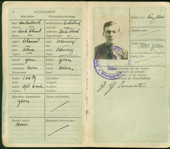 Passeport délivré à John Overwater. Musée canadien de l’immigration du Quai 21 (DI2013.1562.2d).