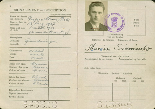 Passeport délivré à Marian Siemiaszko. Musée canadien de l’immigration du Quai 21 (DI2013.1563.1a).