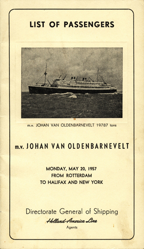 Liste de passagers du M.S. Johan Van Oldenbarnevelt, en 1957. Origins unknown. 
