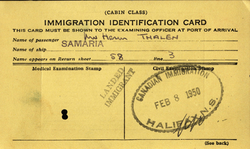 Pièce d’identité d’immigration délivrée à Harm Thalen. Musée canadien de l’immigration du Quai 21 (DI2013.1568.1).