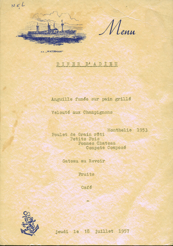 Menu du souper du S.S. Waterman, en 1957. Musée canadien de l’immigration du Quai 21 (DI2013.1574.2).