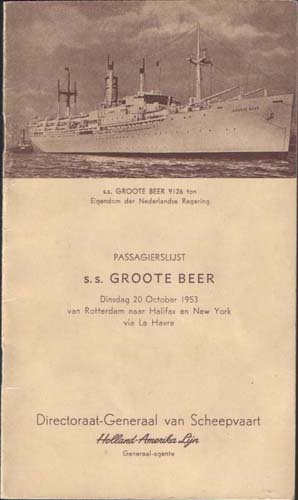 Liste de passagers du S.S. Groote Beer, en 1953. Musée canadien de l’immigration du Quai 21 (DI2013.1575.2a).