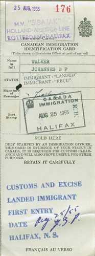 Pièce d’identité d’immigration délivrée à Johannes Walker, en 1955. Musée canadien de l’immigration du Quai 21 (DI2013.1834.2)