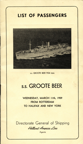 Liste de passagers du  S.S. Groote Beer, en 1959. Musée canadien de l’immigration du Quai 21 (DI2013.1836.1)