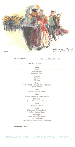 Menu du petit déjeuner du S.S. Ryndam, en 1959.  Musée canadien de l’immigration du Quai 21 (DI2013.1678.1).